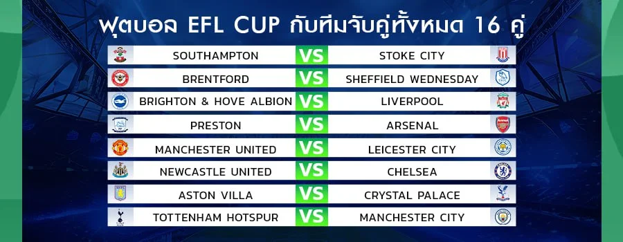 รอบ 16 ทีม EFL CUP เดินหน้ากันต่อกับการแข่งขันเพื่อเข้ารอบรองชนะเลิศต่อไป บนเว็บพนันออนไลน์ SBOBET